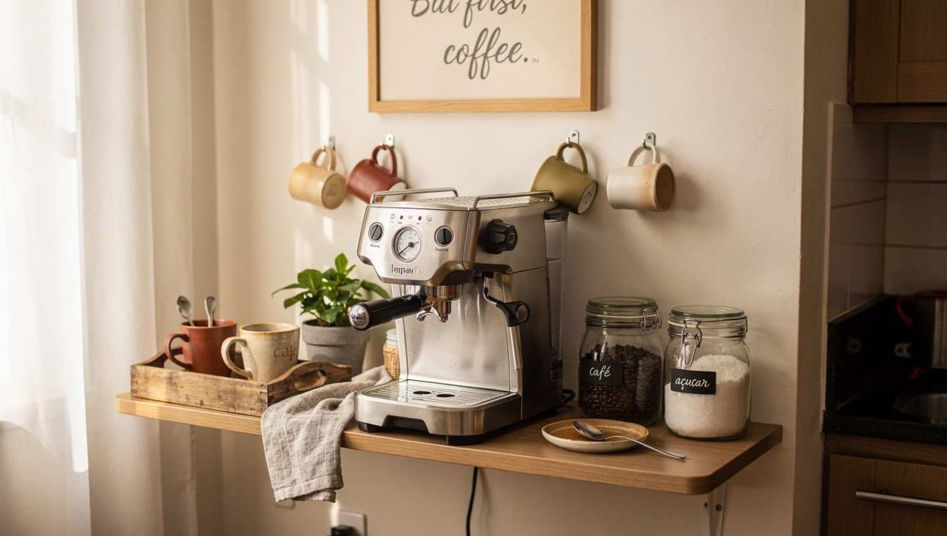 Cantinho do café pequeno e aconchegante com cafeteira, xícaras penduradas na parede, potes de café e açúcar e decoração em madeira. Cantinho do café pequeno e aconchegante com cafeteira, xícaras penduradas na parede, potes de café e açúcar e decoração em madeira.