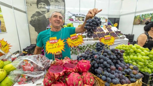 Produtor rural exibe cacho de uvas em estande com frutas variadas durante a Festa da Uva de Jundiaí.