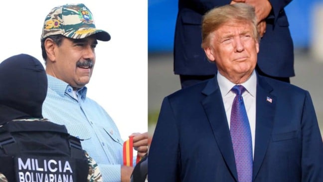 Nicolás Maduro com militar da milícia bolivariana e Donald Trump em evento oficial após anúncio de captura
