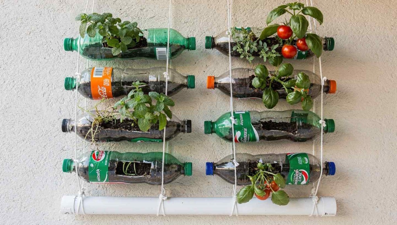 Jardim vertical feito com garrafas PET verdes e transparentes reaproveitadas, presas horizontalmente na parede, com ervas e tomates crescendo em um apartamento pequeno. Jardim vertical feito com garrafas PET verdes e transparentes reaproveitadas, presas horizontalmente na parede, com ervas e tomates crescendo em um apartamento pequeno.