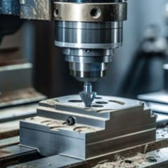 Fresa de m&aacute;quina CNC usina pe&ccedil;a met&aacute;lica fixada &agrave; base, em ambiente industrial, com cavacos ao redor do equipamento.