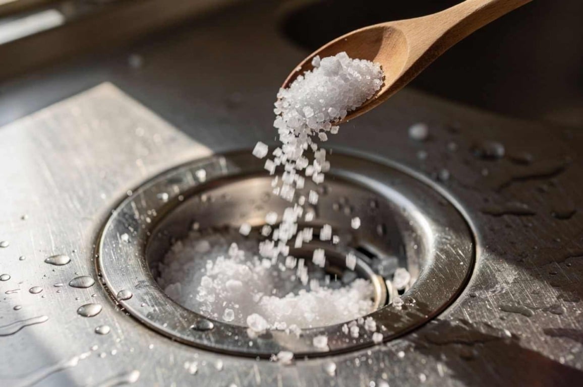 Sal grosso sendo jogado no ralo da pia como método simples de prevenção contra mau cheiro e sujeira acumulada. Sal grosso sendo jogado no ralo da pia como método simples de prevenção contra mau cheiro e sujeira acumulada.