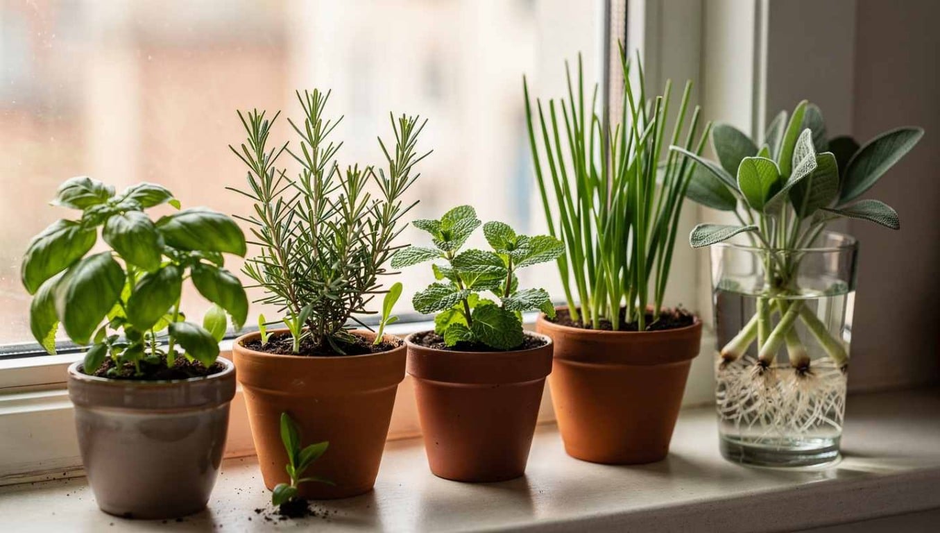 Vasos com ervas frescas como manjericão, alecrim, hortelã, cebolinha e sálvia cultivadas em uma janela iluminada, com uma muda enraizando em copo com água.