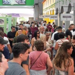 P&uacute;blico caminha entre estandes de produtores rurais no Espa&ccedil;o Uva Ni&aacute;gara Rosada durante a Festa da Uva de Jundia&iacute;, com grande movimenta&ccedil;&atilde;o de visitantes.