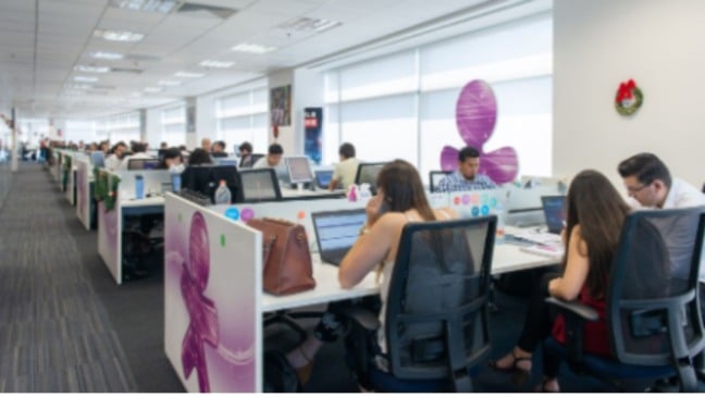 Colaboradores trabalham em escritório corporativo amplo, com estações de trabalho organizadas, computadores, cadeiras ergonômicas e iluminação natural.