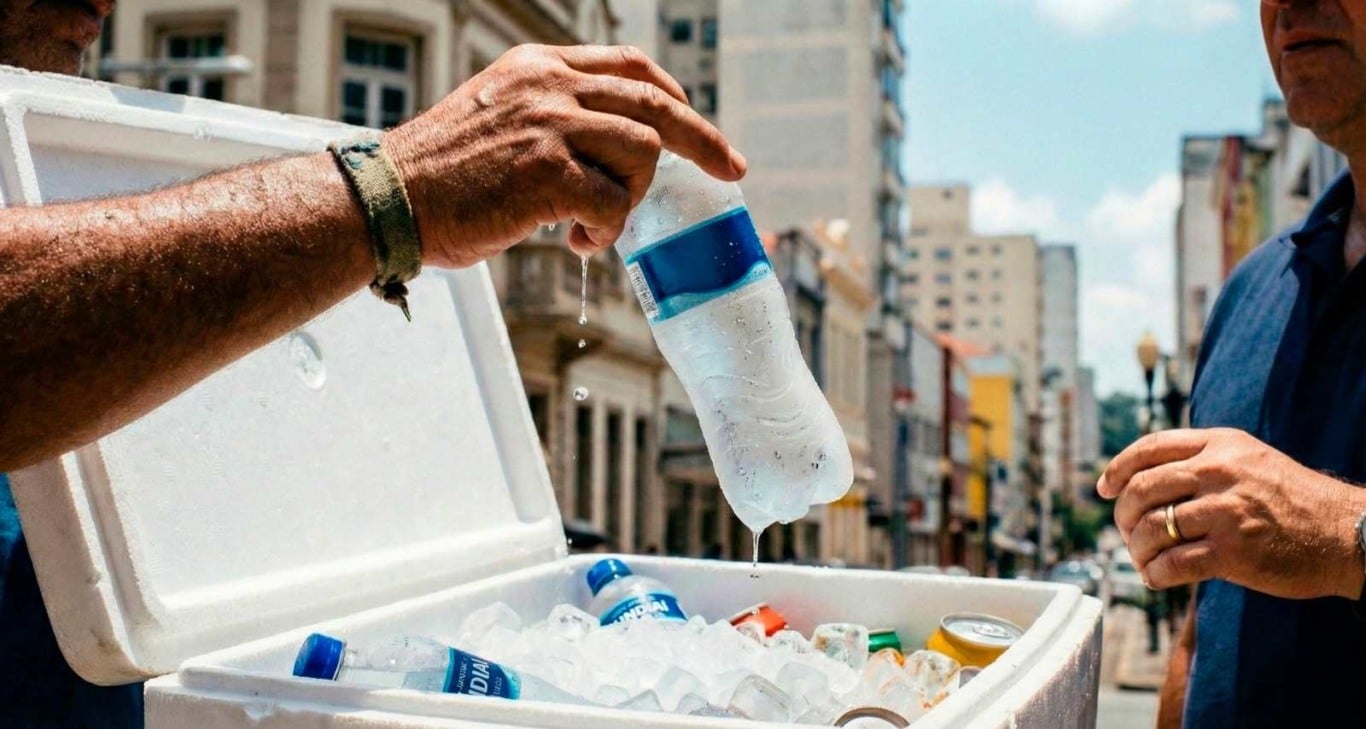 Pessoa retira garrafa de água gelada de isopor com bebidas, em rua da cidade, em cena de comércio ambulante ao ar livre. Pessoa retira garrafa de água gelada de isopor com bebidas, em rua da cidade, em cena de comércio ambulante ao ar livre.