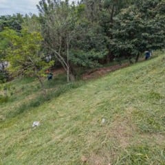 Trabalhadores realizam ro&ccedil;agem em &aacute;rea verde p&uacute;blica de Jundia&iacute;, em terreno inclinado pr&oacute;ximo a bairros residenciais.