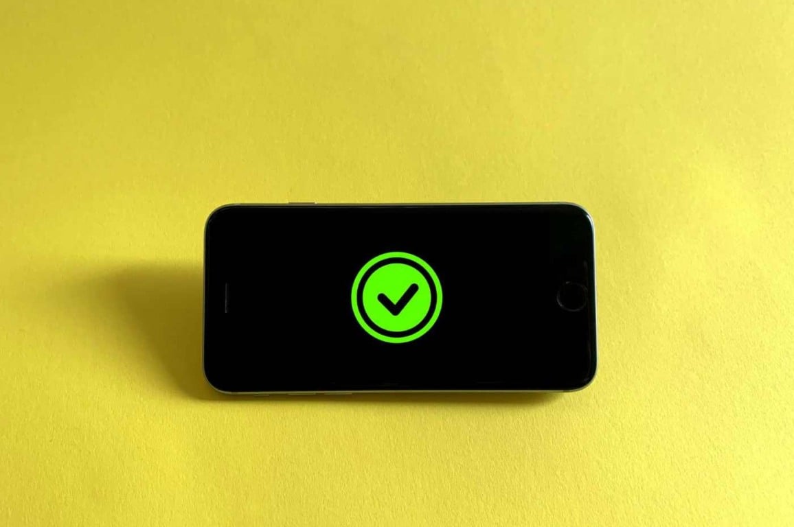 &Iacute;cone de verifica&ccedil;&atilde;o exibido na tela de um smartphone, representando seguran&ccedil;a e prote&ccedil;&atilde;o de dados digitais.