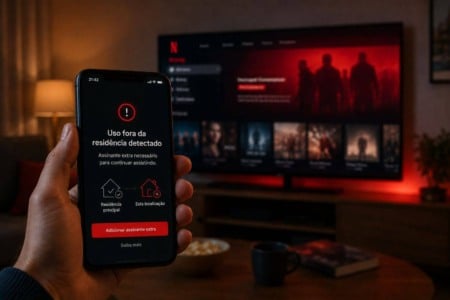 Celular exibe aviso sobre uso de conta fora da residência, com tela de streaming ao fundo em ambiente doméstico. Celular exibe aviso sobre uso de conta fora da residência, com tela de streaming ao fundo em ambiente doméstico.