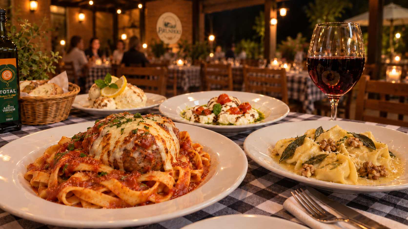 Mesa posta com taça de vinho, pratos italianos e ambiente acolhedor no Brunholi Restaurante para a Noite Italiana.