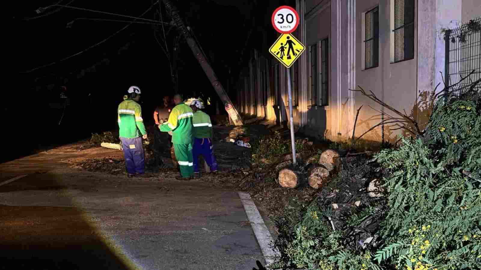 Equipes da Defesa Civil em ação após fortes chuvas em Jundiaí, com árvore caída e vias alagadas.